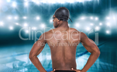 Composite image of rear view of swimmer on white background