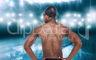 Composite image of rear view of swimmer on white background