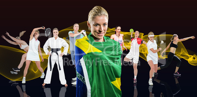 Composite image of profile view of sportswoman practising discus