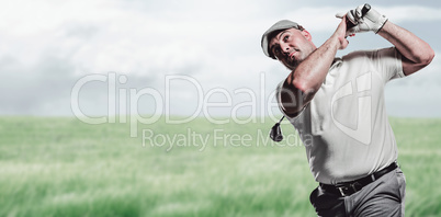 Composite image of portrait of golf player taking a shot