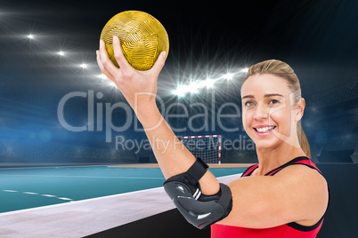 Composite image of female athlete with elbow pad holding handbal