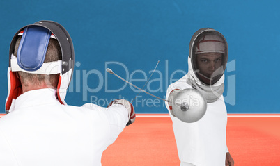 Composite image of man wearing fencing suit practicing with swor