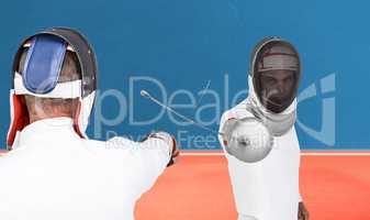 Composite image of man wearing fencing suit practicing with swor