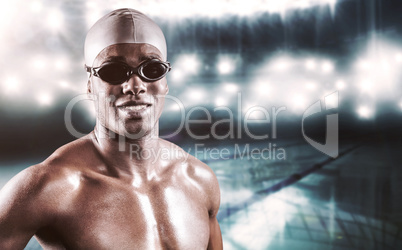 Composite image of swimmer standing with hand on hip