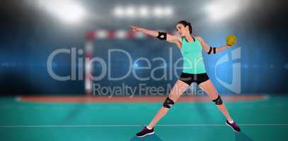 Female athlete with elbow pad throwing handball