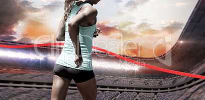 Composite image of rear view of sportswoman running on a white b