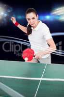 Composite image of female athlete playing ping pong