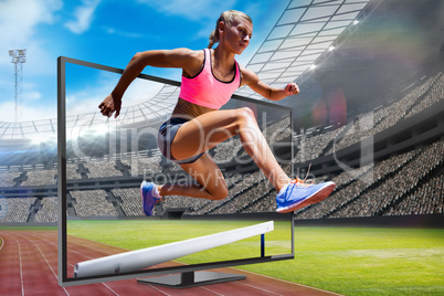 Composite image of sporty woman jumping a hurdle