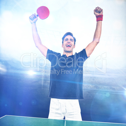 Composite image of happy male athlete posing after victory