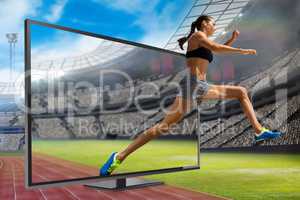 Composite image of profile view of sportswoman jumping