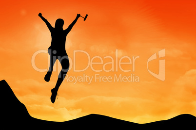 Composite image of woman jumping with golf club
