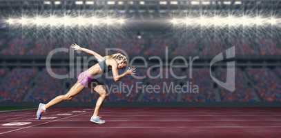 Composite image of sporty woman running