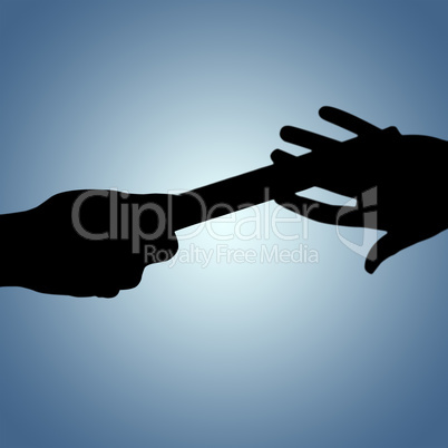 Composite image of  man passing the baton to partner on track