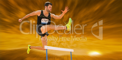 Composite image of athletic man practicing show jumping
