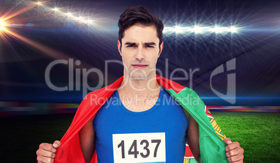 Composite image of athlete with american flag wrapped around his