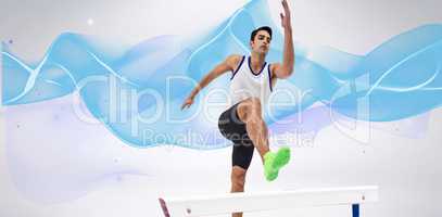 Composite image of male athlete running on white background