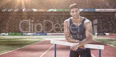 Composite image of portrait of sportsman is smiling and posing o