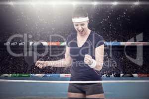 Composite image of female table tennis player posing after victo