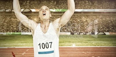 Composite image of young athlete winning race