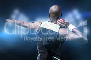 Composite image of rear view sportsman practising shot put