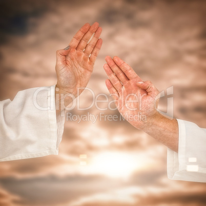 Female fighter performing karate stance against cloudy sky