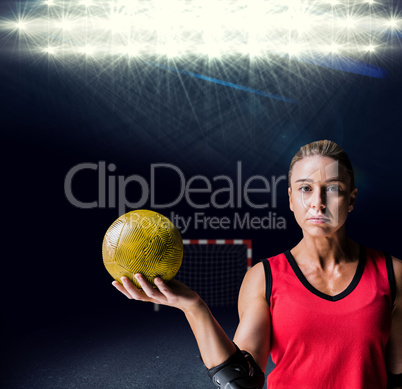 Composite image of female athlete with elbow pad holding handbal