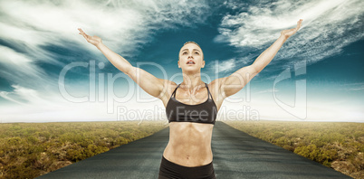 Composite image of female athlete raising arms