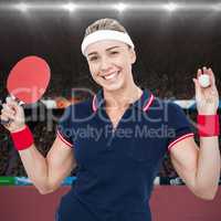 Composite image of female athlete posing with ping pong racket