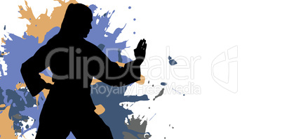 Composite image of female fighter performing karate stance