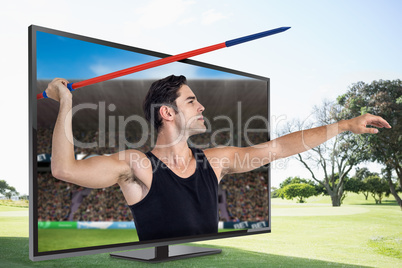 Composite image of male athlete preparing to throw javelin