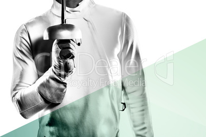 Composite image of swordsman holding fencing sword