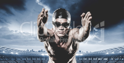 Composite image of swimmer preparing to dive