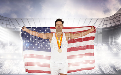 Composite image of athlete posing with American flag and gold me