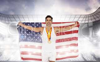 Composite image of athlete posing with American flag and gold me