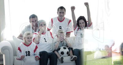 Composite image of happy family watching a football match in tel