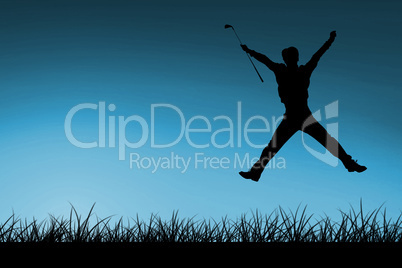 Composite image of man jumping with golf club