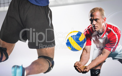 Composite image of rear view of sportsman posing while playing v