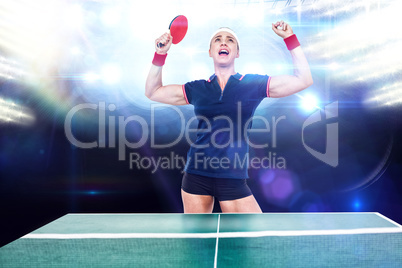 Composite image of female athlete winning a ping pong match