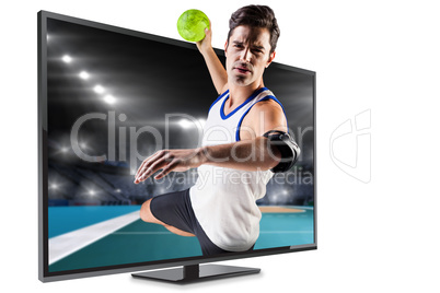 Composite image of portrait of athlete man throwing a ball