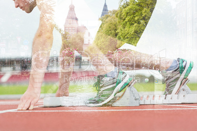 Composite image of side view of a man ready to race on running t