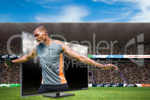 Composite image of front view of sportsman practising discus thr
