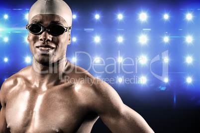 Composite image of swimmer standing with hand on hip