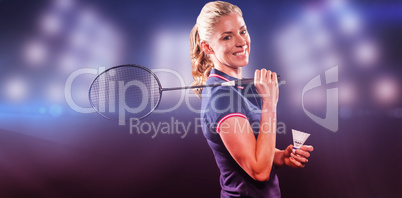 Composite image of badminton player holding racket and shuttleco