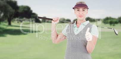 Composite image of pretty blonde playing golf and showing a thum