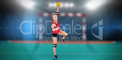 Composite image of female athlete throwing handball