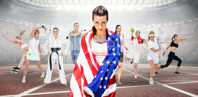 Composite image of profile view of sportswoman practising discus