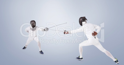 Composite image of man wearing fencing suit practicing with swor