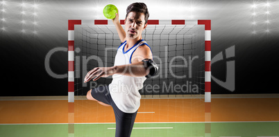 Composite image of portrait of athlete man throwing a ball