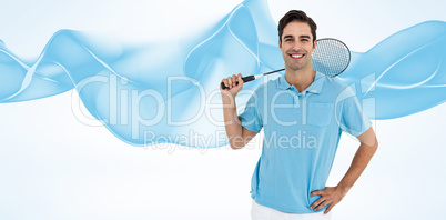 Composite image of badminton player standing with hand on hip