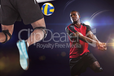 Composite image of rear view of sportsman posing while playing v